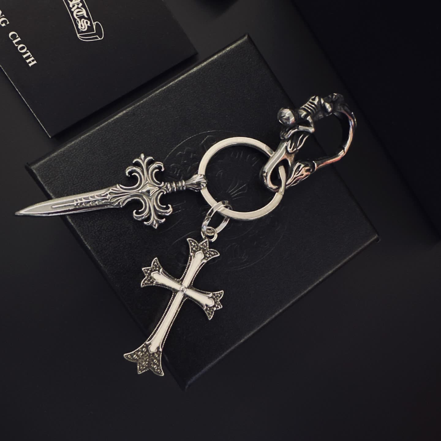 Chrome Hearts Silver Keychain with Sword and Cross Charms